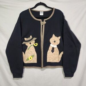 90s Kitty Cat Applique Open Front Trim Cardigan Black Whimsical Cottagecore MED